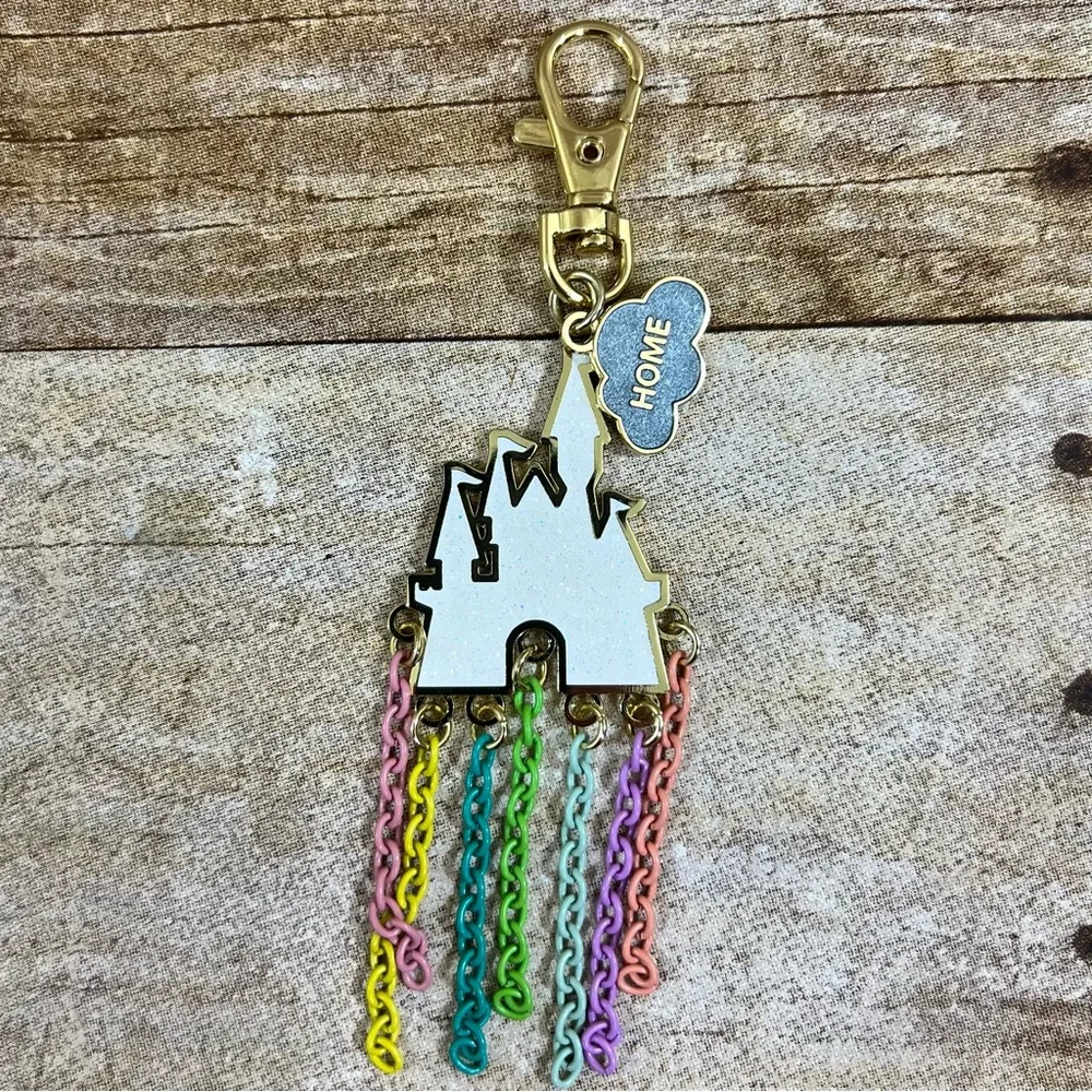 Disney Parks Home Castle Keychain White Enamel Rainbow‎ Dangle Chains Gold Tone
